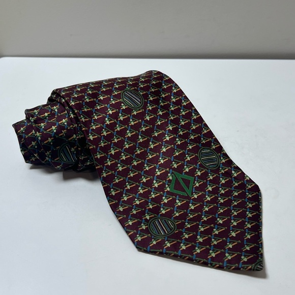 Vintage Christian Dior Red and Green Geometric MCM Midcentury Modern Silk Tie - Picture 1 of 11
